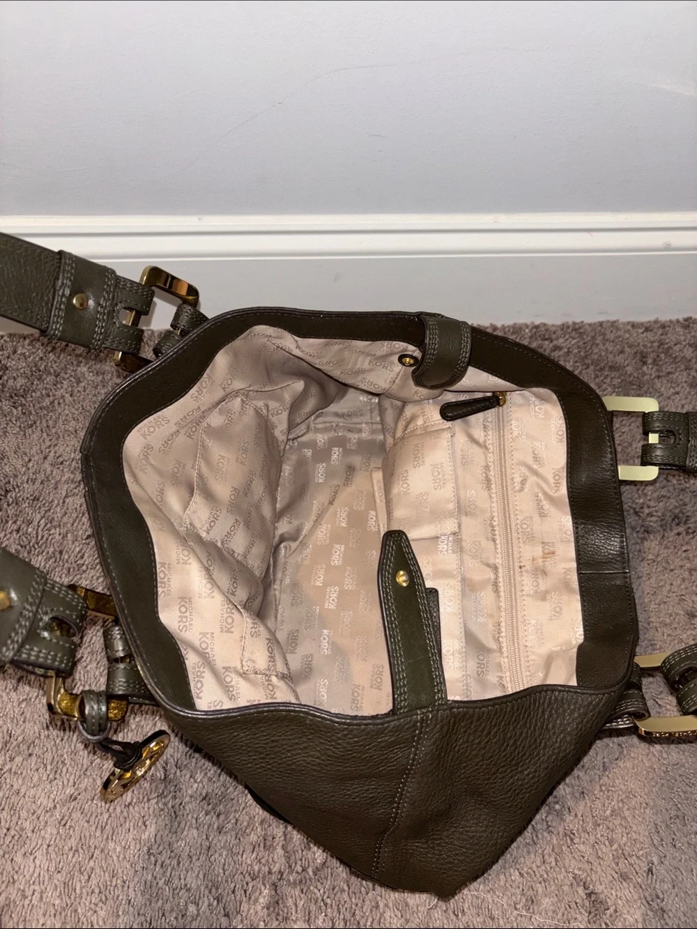 Michael Kors Olive Green Pebbled Leather Duffel with Gold Hardware